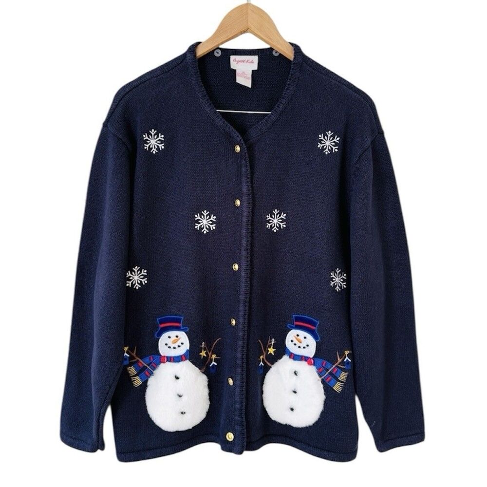 VTG Crystal Kobe Christmas Holiday Cardigan Sweater Sz XL Snowflake 3D Snowman